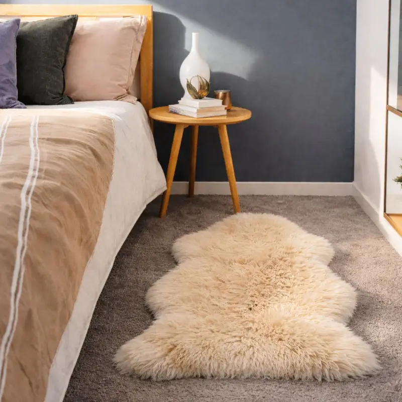 Luxury sheepskin rug beside the bed for a soft and thoughtful Mother’s Day gift