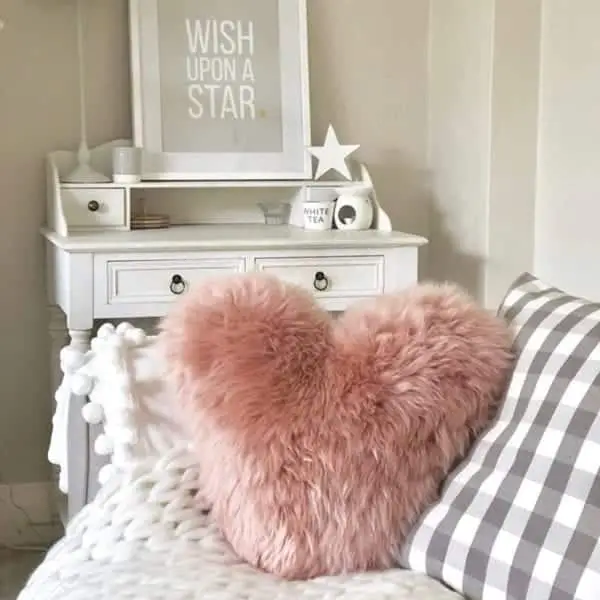 Calon Wlan - Sheepskin Heart Cushion in Dusky Pink Sheepskin heart cushion in soft pink, a sentimental Mother’s Day gift