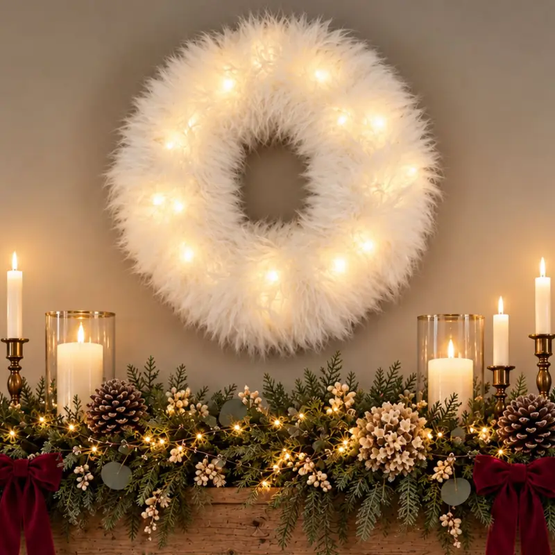 An ivory sheepskin christmas illuminated wreath.