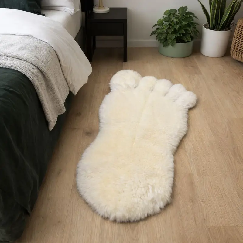 An ivory sheepskin rug in the shape of a big foot next to a bed.