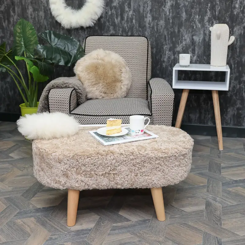 MARY TUFFET FOR TWO IN EGGSHELL BOUCLE (3) wooden Tuffet For Two