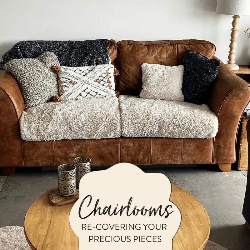 Leather sofa with sheepskin seat cushions