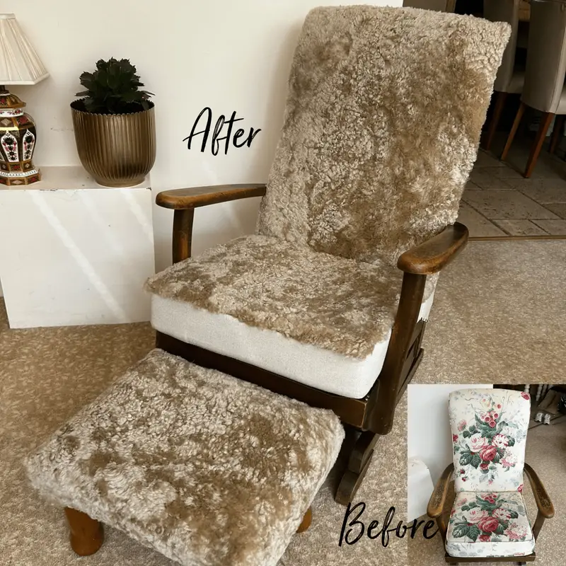Sheepskin rocking chair and matching stool