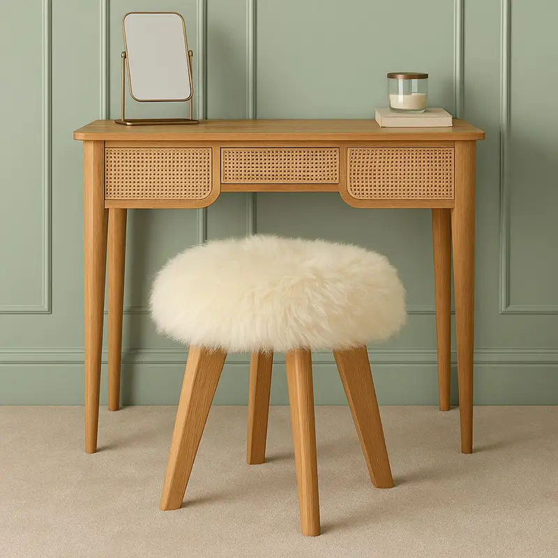 Oak Dressing Table Stool in Ivory Sheepskin