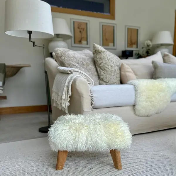 Low Oak Foot Stool in Off White Yeti Sheepskin