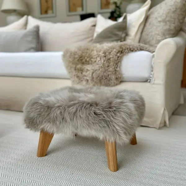 Low Oak Foot Stool in Pebble Sheepskin