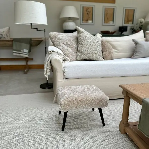 Pippa foot Stool in oatmeal boucle sheepskin