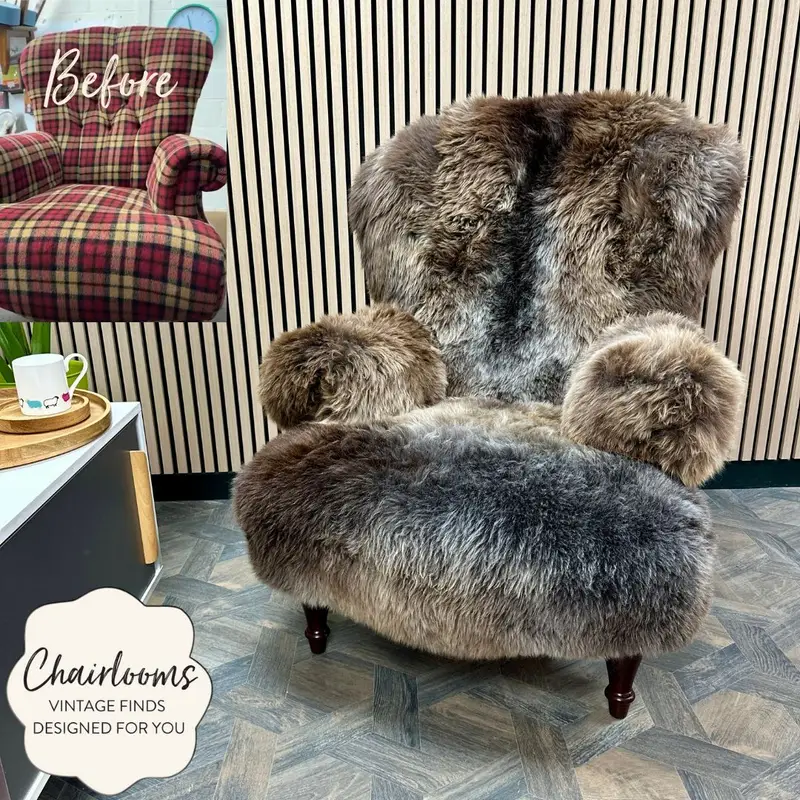 Leather sofa with sheepskin seat cushions