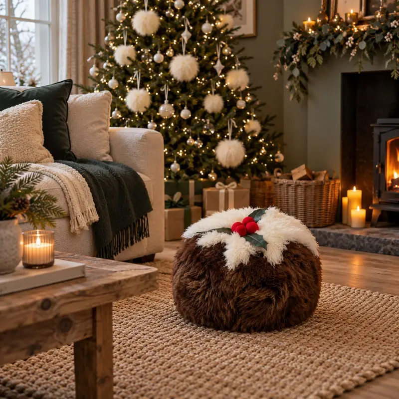 Christmas pudding sheepskin pouffe with rich chocolate wool, curly ivory topping, green leather holly leaves and red felt berries.