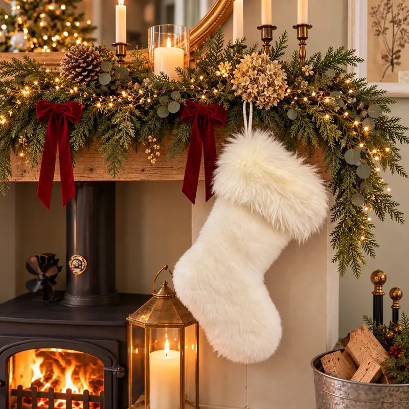 Ivory long wool sheepskin Christmas stocking with matching luxurious wool cuff