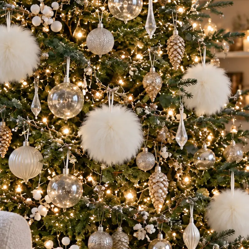 Close up of Ivory sheepskin baubles on a christmas tree.