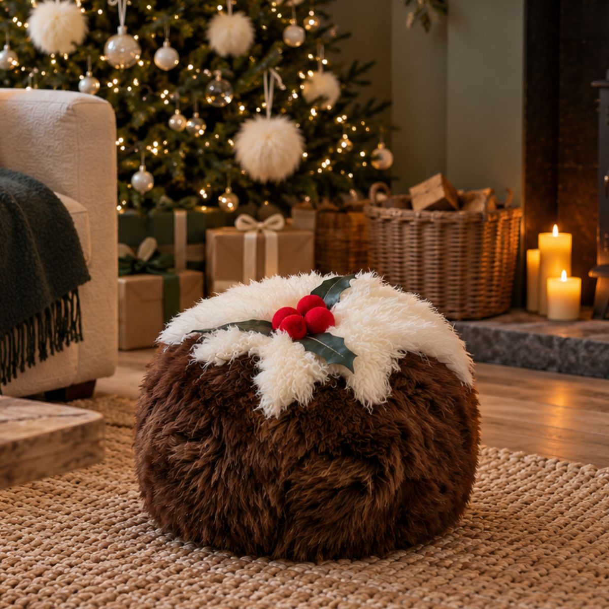 British sheepskin Christmas pudding pouffe beside a sofa in a festive living room with a decorated Christmas tree close up.
