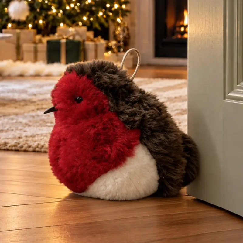 Close-up of a handmade robin sheepskin doorstop showing soft wool texture and characterful red breast detail