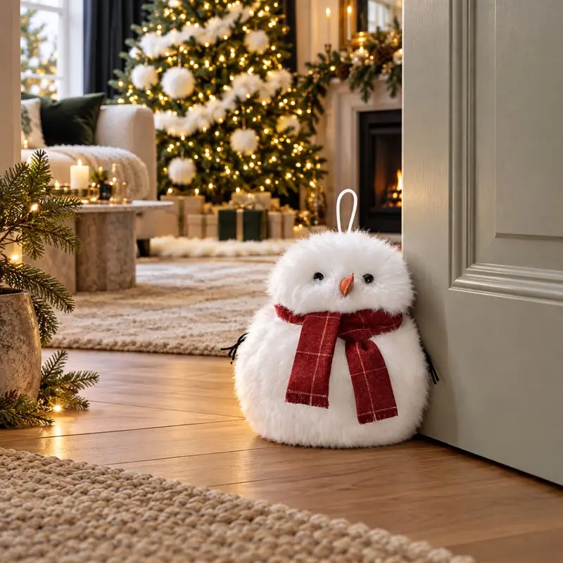 Sheepskin snowman doorstop close up.