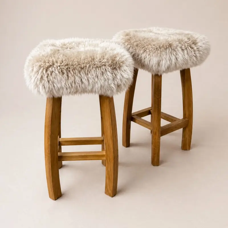 Pair of Oak Kitchen Stools in Eggshell sheepskin