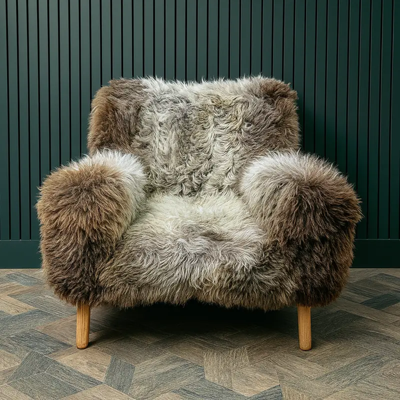 Front view of the Wooligan armchair upholstered in rare breed sheepskin on oak floor with green wall