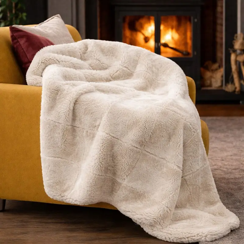 Velvety sheepskin throw in bone lifestyle A beige sheepskin throw in front of a fire