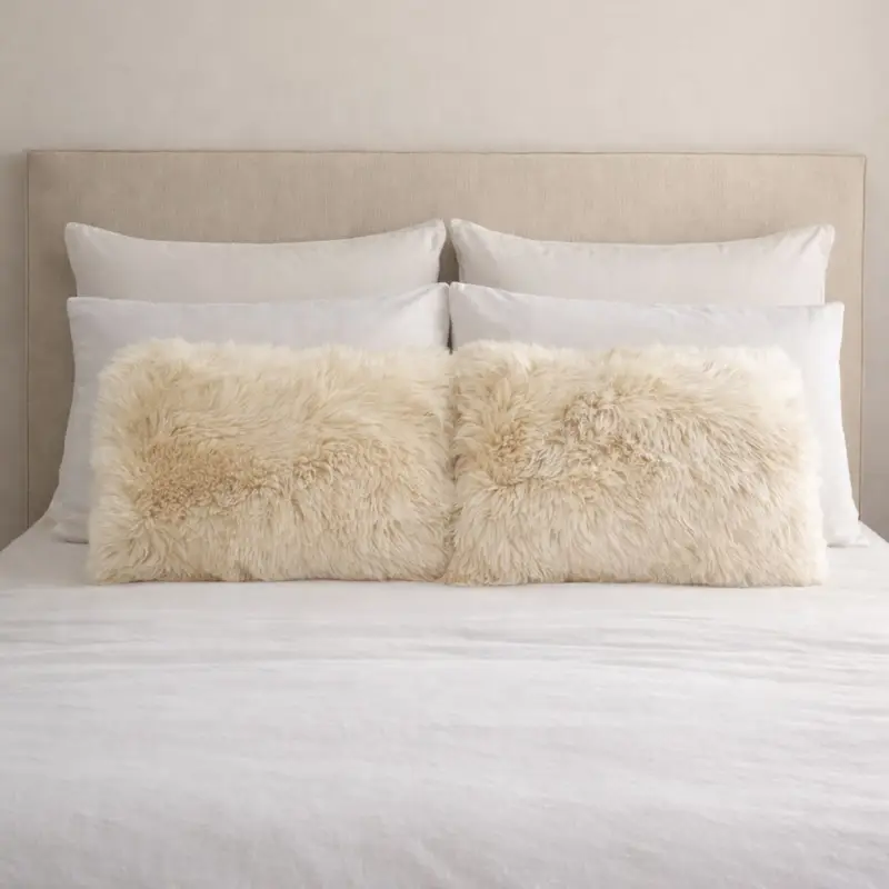 Seashell Oversized sheepskin pillow cushions styled on a layered bed