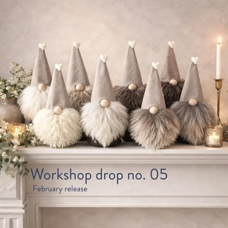 Sheepskin Love Gonk styled on a neutral shelf with soft natural décor