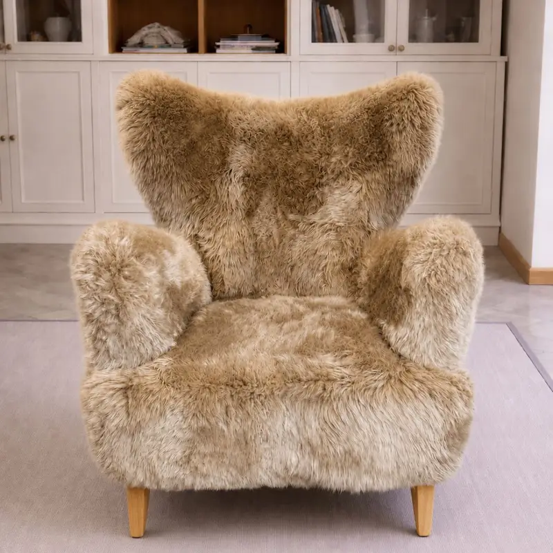 Eggshell coloured Sheepskin chair in a neutral modern living room