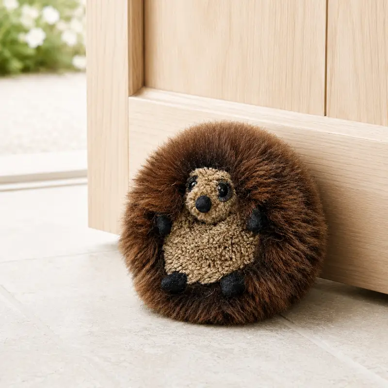 Hattie the Hedgehog Door Stop handmade from rare breed sheepskin, curled on her back with a curly cocoa wool belly.