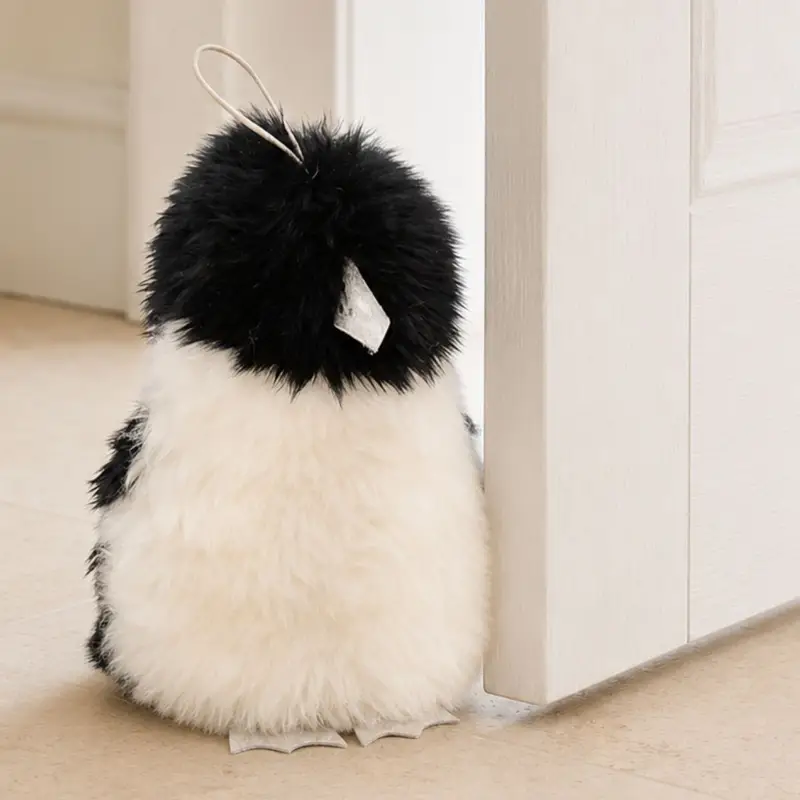 Close-up of a handmade penguin sheepskin doorstop showing soft natural wool and playful details