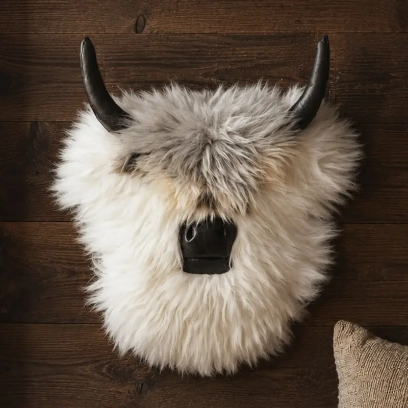 Gandalf the Highland Cow Wall Hanging made from creamy grey rare breed sheepskin with a shaggy grey fringe and grey leather horns.