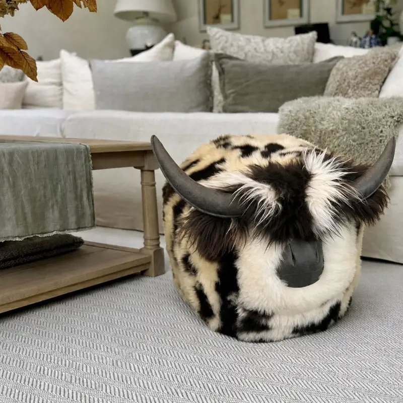Large Sheepskin Cow Pouffe handmade from rare breed Jacob sheepskin with grey leather horns