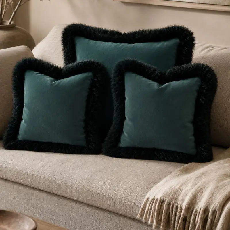 Set of Teal coloured velvet cushions with a sheepskin trim on a neutral sofa.