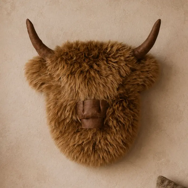 Close up of a handmade Highland cow wall hanging with chestnut leather horns, ginger sheepskin face and shaggy ginger wool fringe