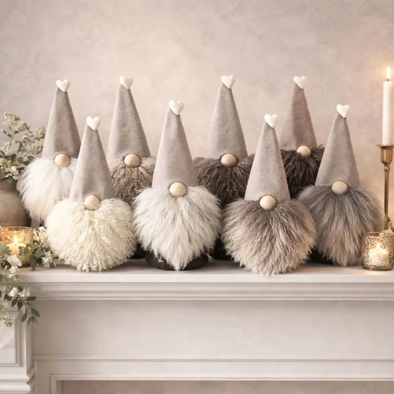 Sheepskin Love Gonk styled on a neutral shelf with soft natural décor