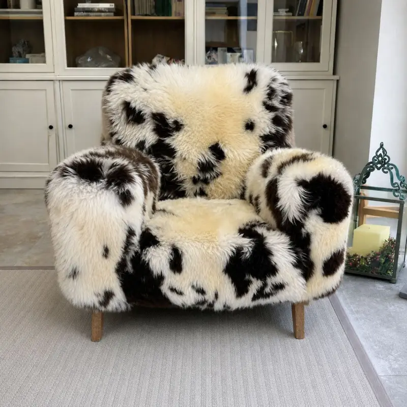 Jacob sheepskin Wooligan chair styled in a calm contemporary neutral living room