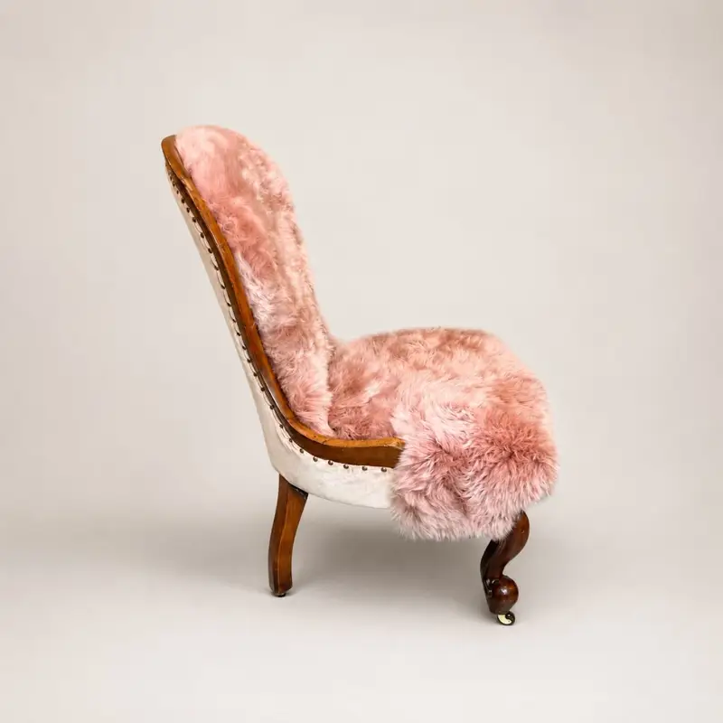 Side view of an Antique Victorian walnut bedroom chair upholstered in dusky pink sheepskin with a soft pink velvet back and ceramic castors.