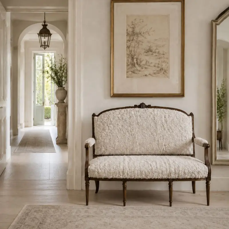 Antique French sheepskin sofa upholstered in Oatmeal boucle sheepskin