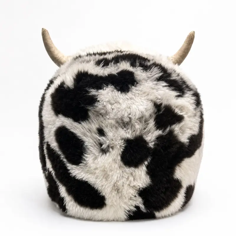 Rump of Jacob sheepskin bull footstool with cream leather horns and nose
