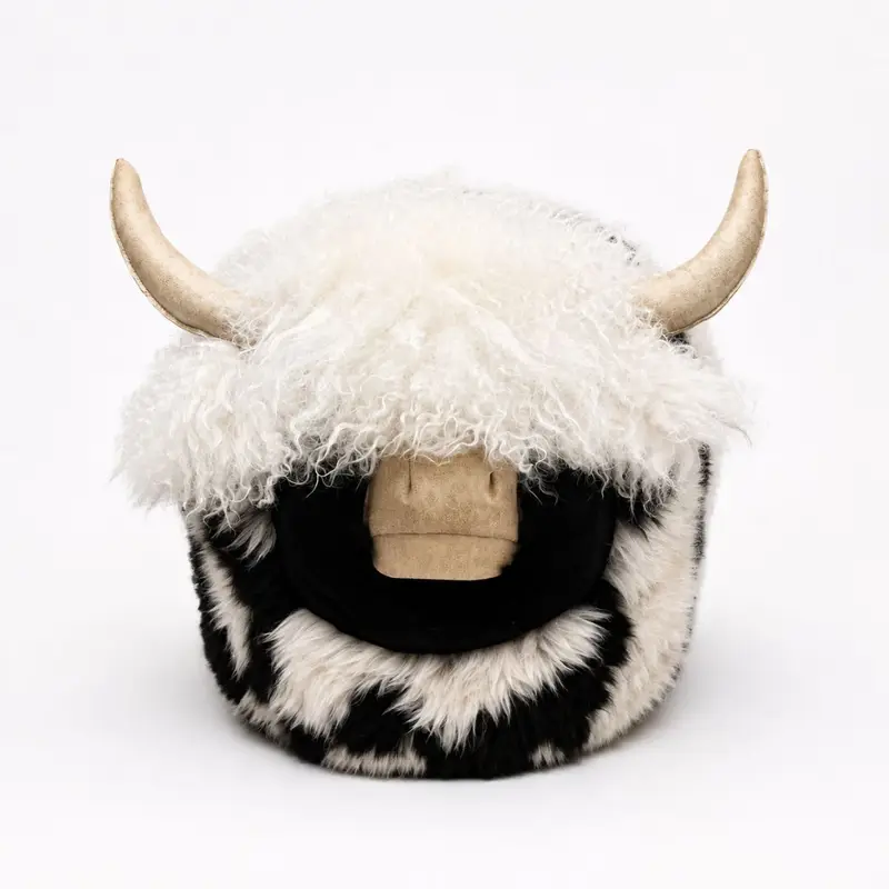 Face of Patch large bull pouffe handmade from natural Jacob sheepskin