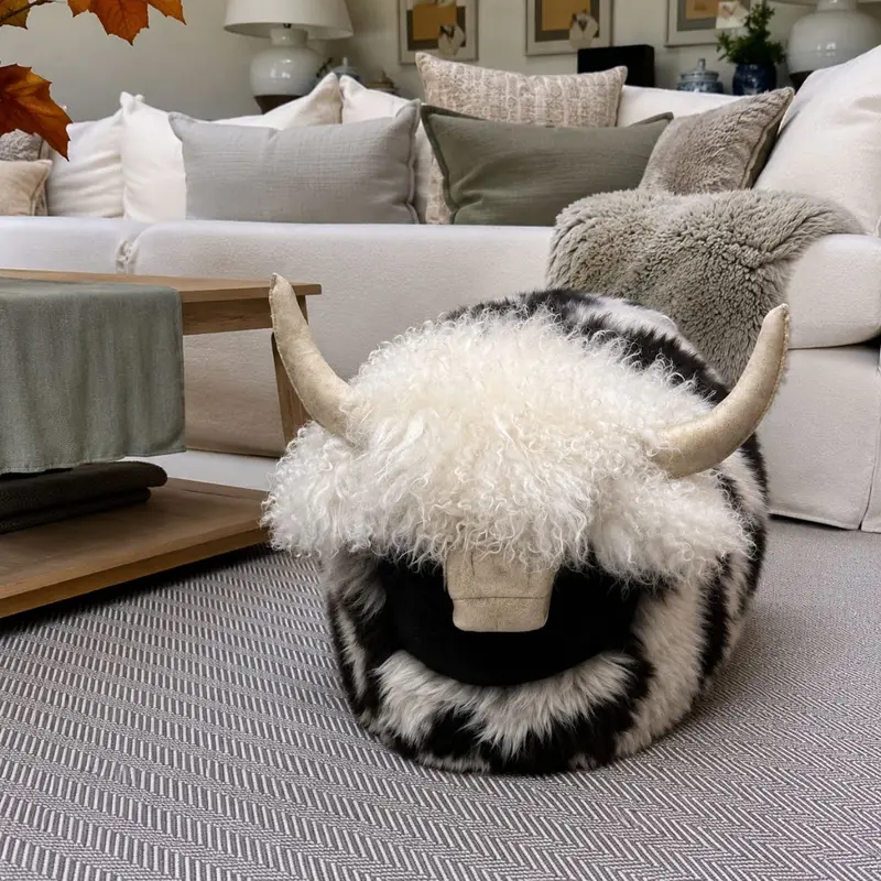 Patch large bull pouffe handmade from natural Jacob sheepskin