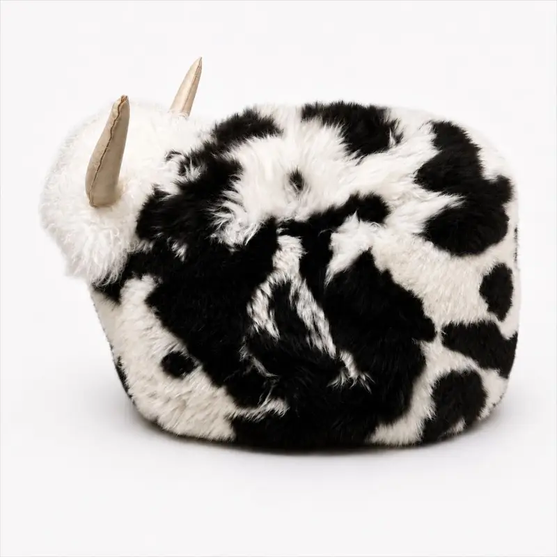 Side view of Patch rare breed sheepskin bull pouffe