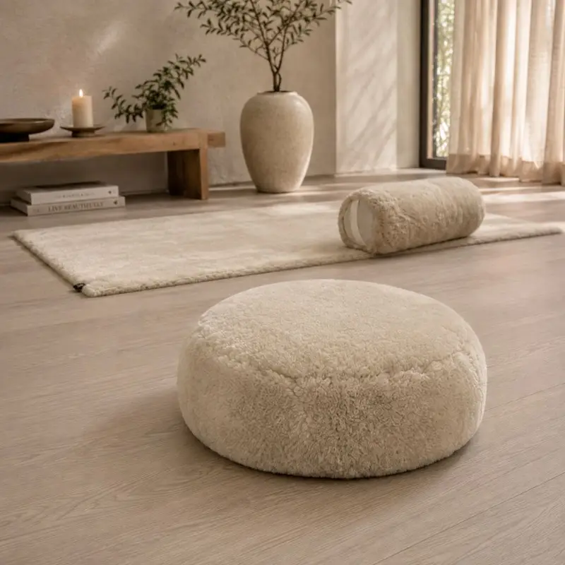 Round Dusty Beige velvety sheepskin meditation cushion