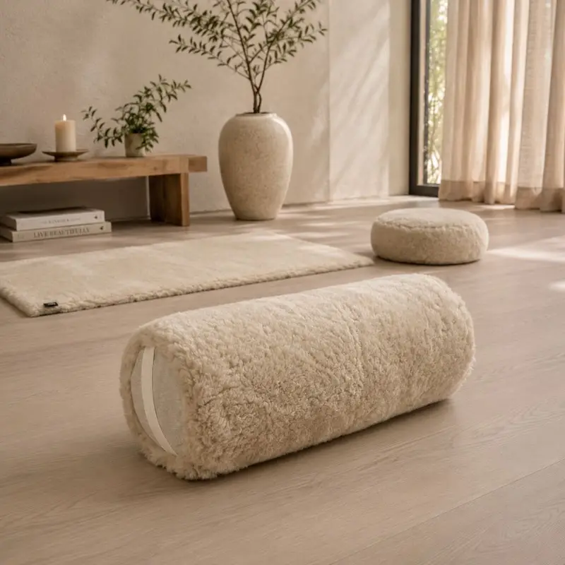 Dusty Beige velvety sheepskin yoga bolster with cotton carry straps