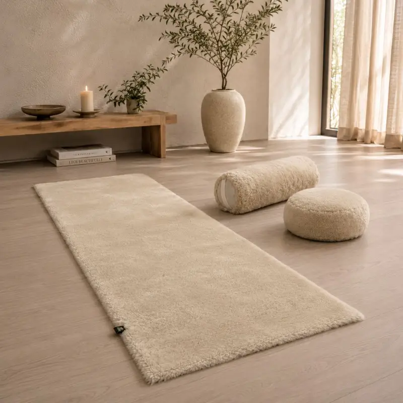 Dusty Beige velvety sheepskin yoga mat measuring 180cm x 60cm