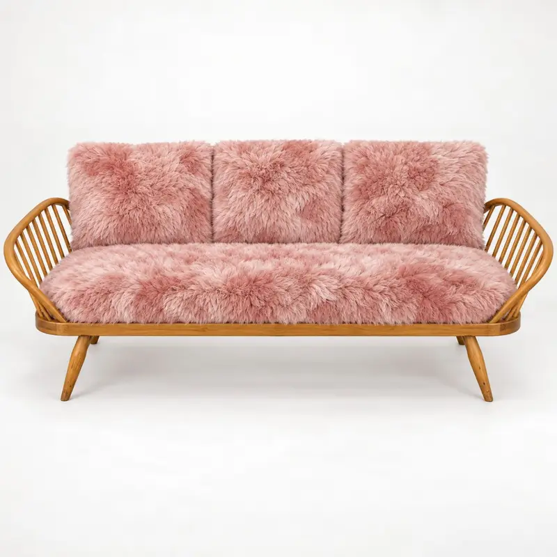 Ercol Windsor 355 Studio Couch imagined in Dusky Pink sheepskin