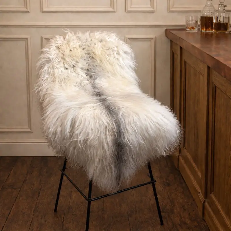 Natural Icelandic sheepskin rug with long silky grey toned wool