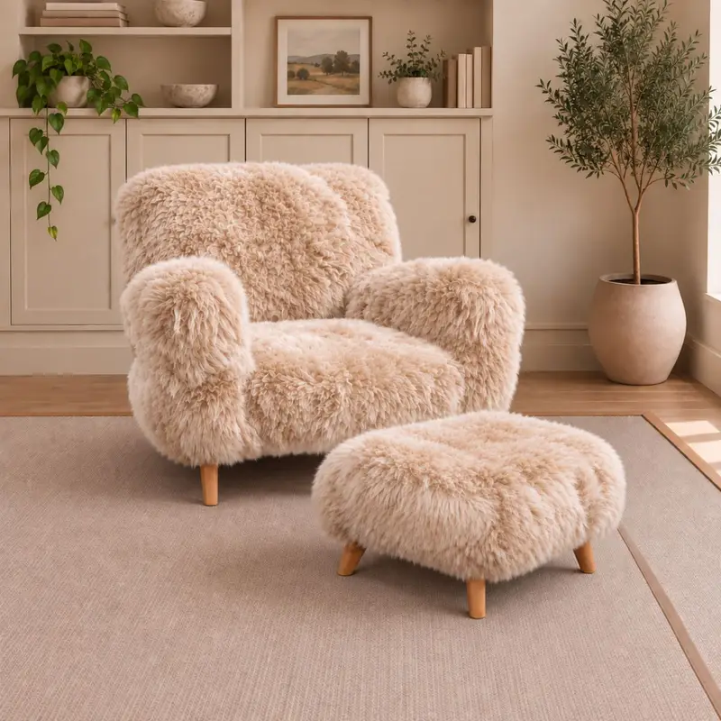 The Wooligan sheepskin armchair in Eggshell long wool with natural wood legs and a matching stool