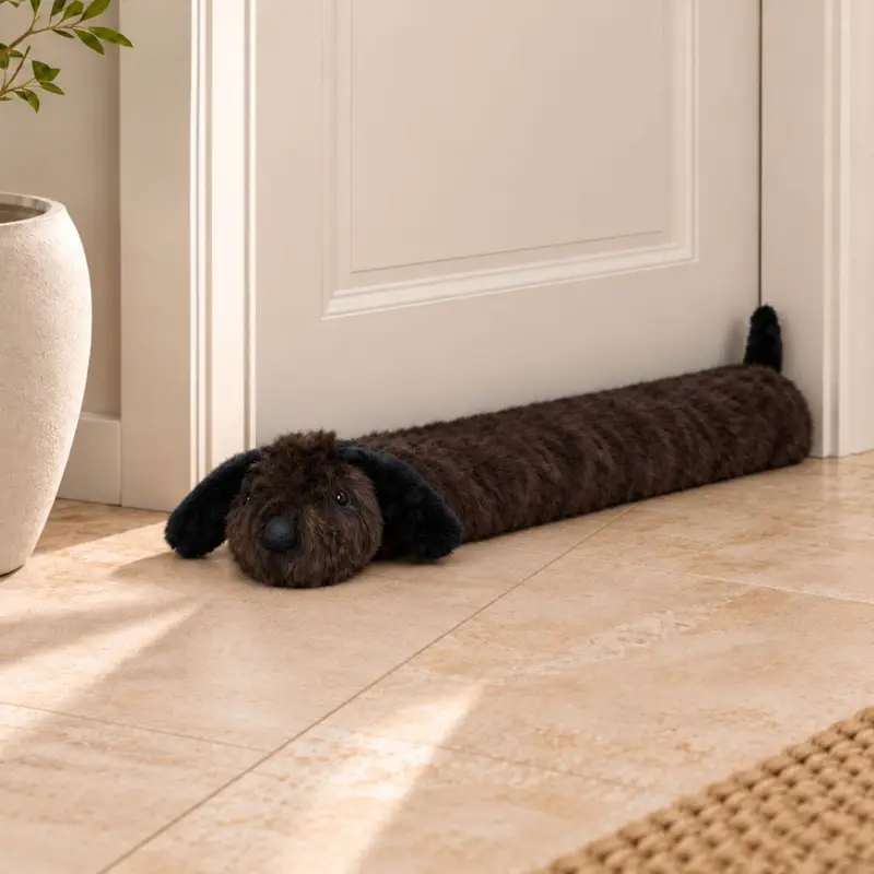 Draftie Chocolate sheepskin draught excluder styled beside a door