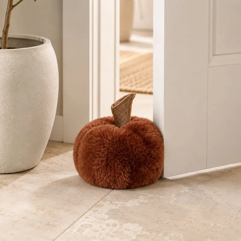 Front view of Doorkin copper coloured sheepskin pumpkin doorstop with leather stalk
