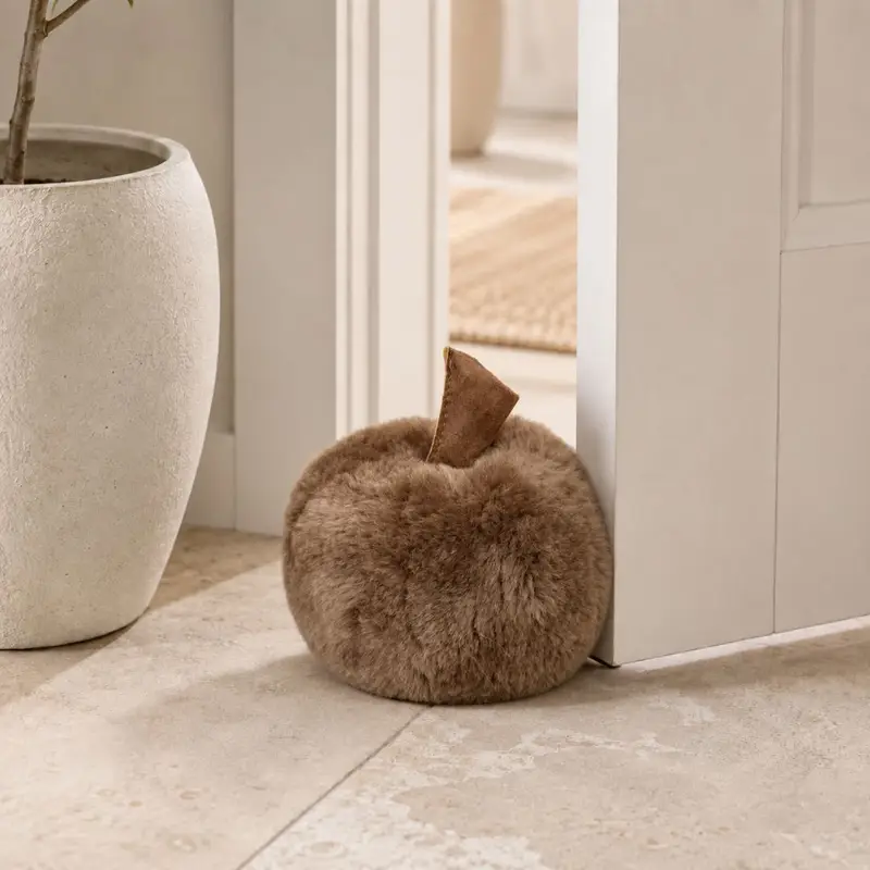 Front view of Doorkin beige coloured sheepskin pumpkin doorstop with leather stalk