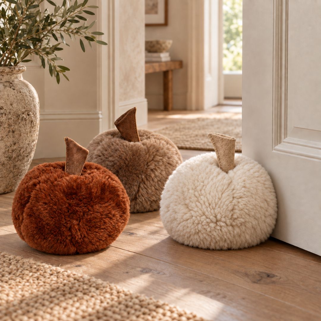 Bone, Dark Beige and Cognac sheepskin pumpkin doorstops styled for autumn