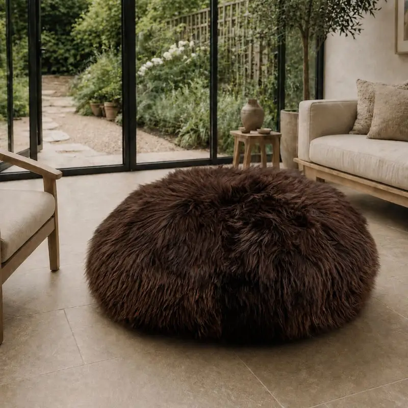 Large chocolate brown sheepskin Cookie Pouffe with natural caramel highlights, handmade by Baa Stool.