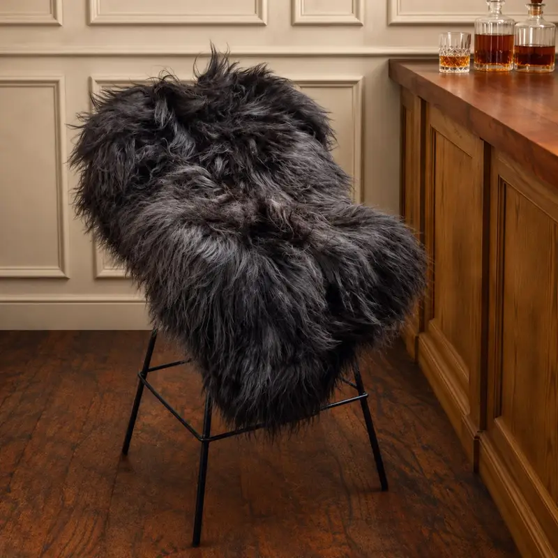 Icelandic rug in black on a bar chair.